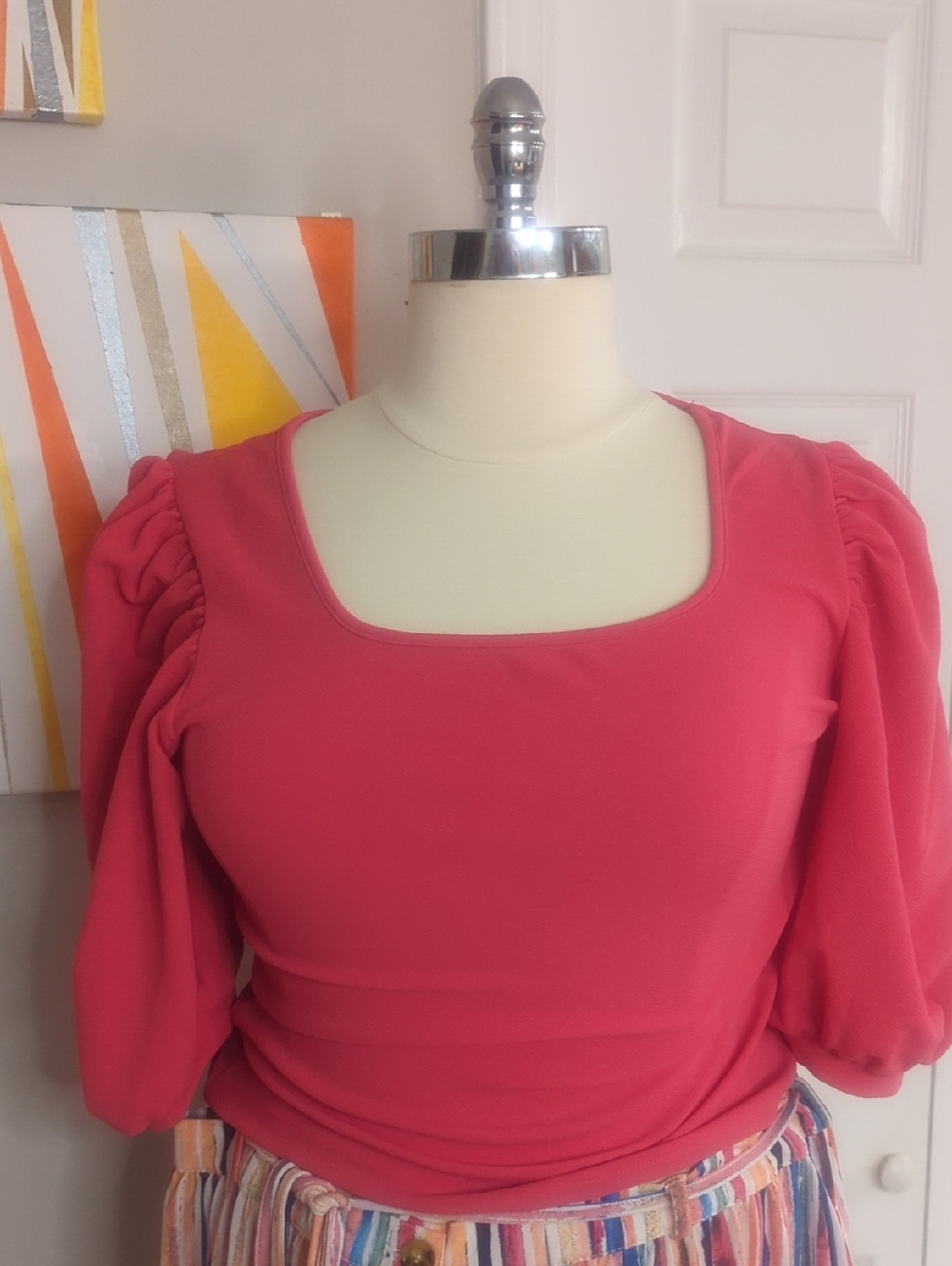 2XL Women's Pink Square-Neck Puff Sleeve Top